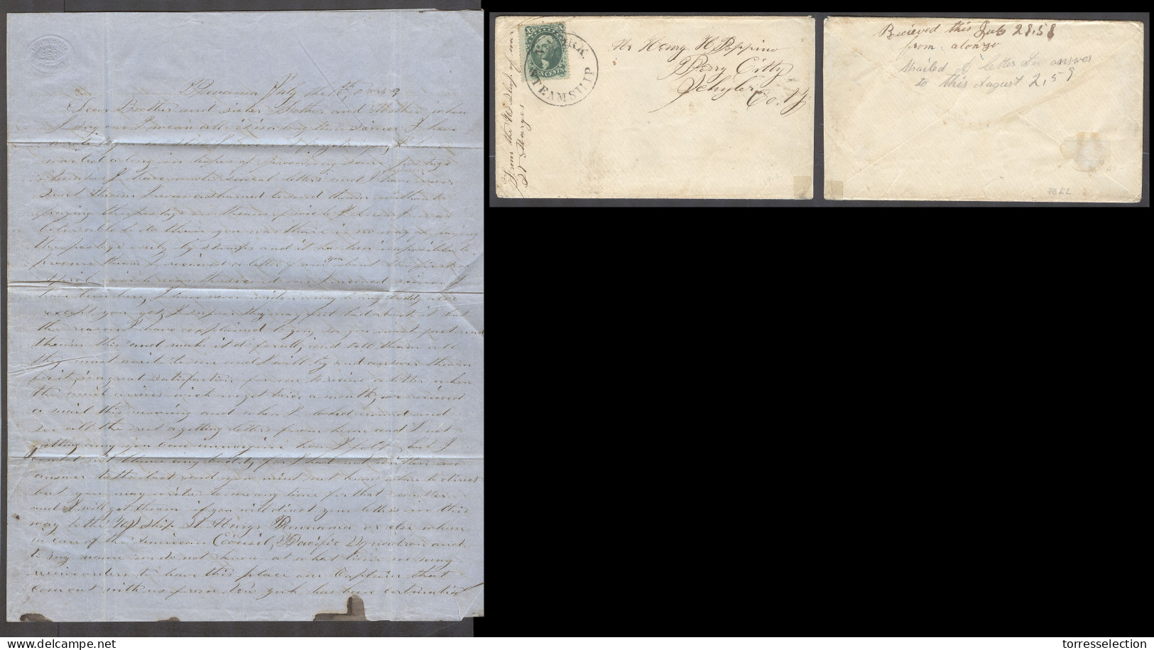 PANAMA. 1859 (16 July). Panama - USA, Perry City, Schyler Cº NJ (28 July). Fkd Env Full Contains With Long Trade Local D - Panama