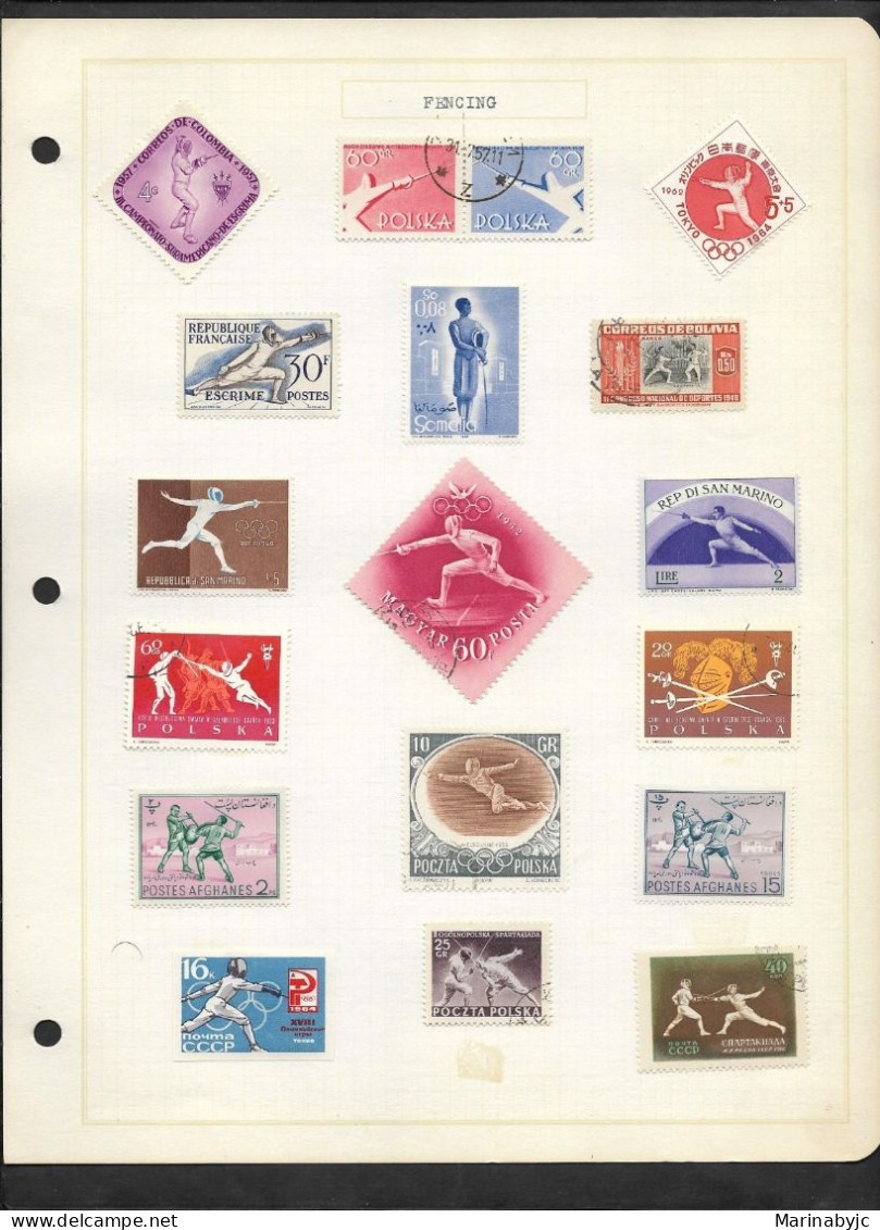 SE)1950 POLAND, ALBUM PAGE SERIES OF SPORTS, FENCING, VARIETY OF COUNTRIES, USED - Oblitérés