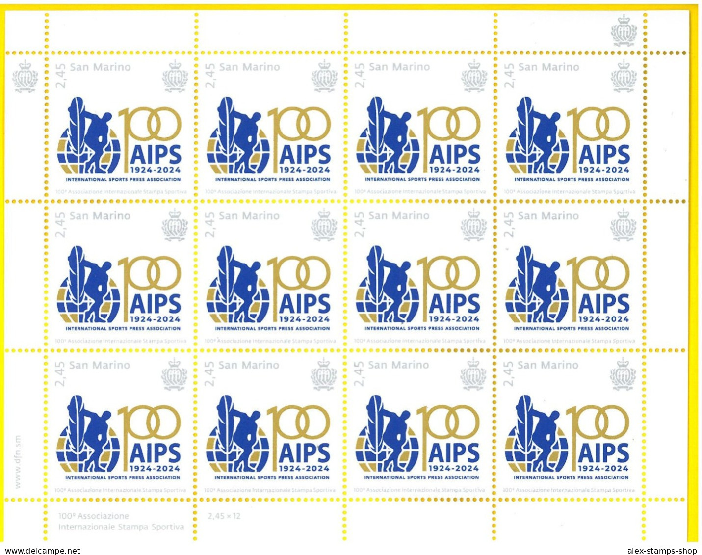 SAN MARINO 2024 Centenario Dell’Associazione Internazionale Stampa Sportiva (AIPS) - MF - Sheet - Blocs-feuillets