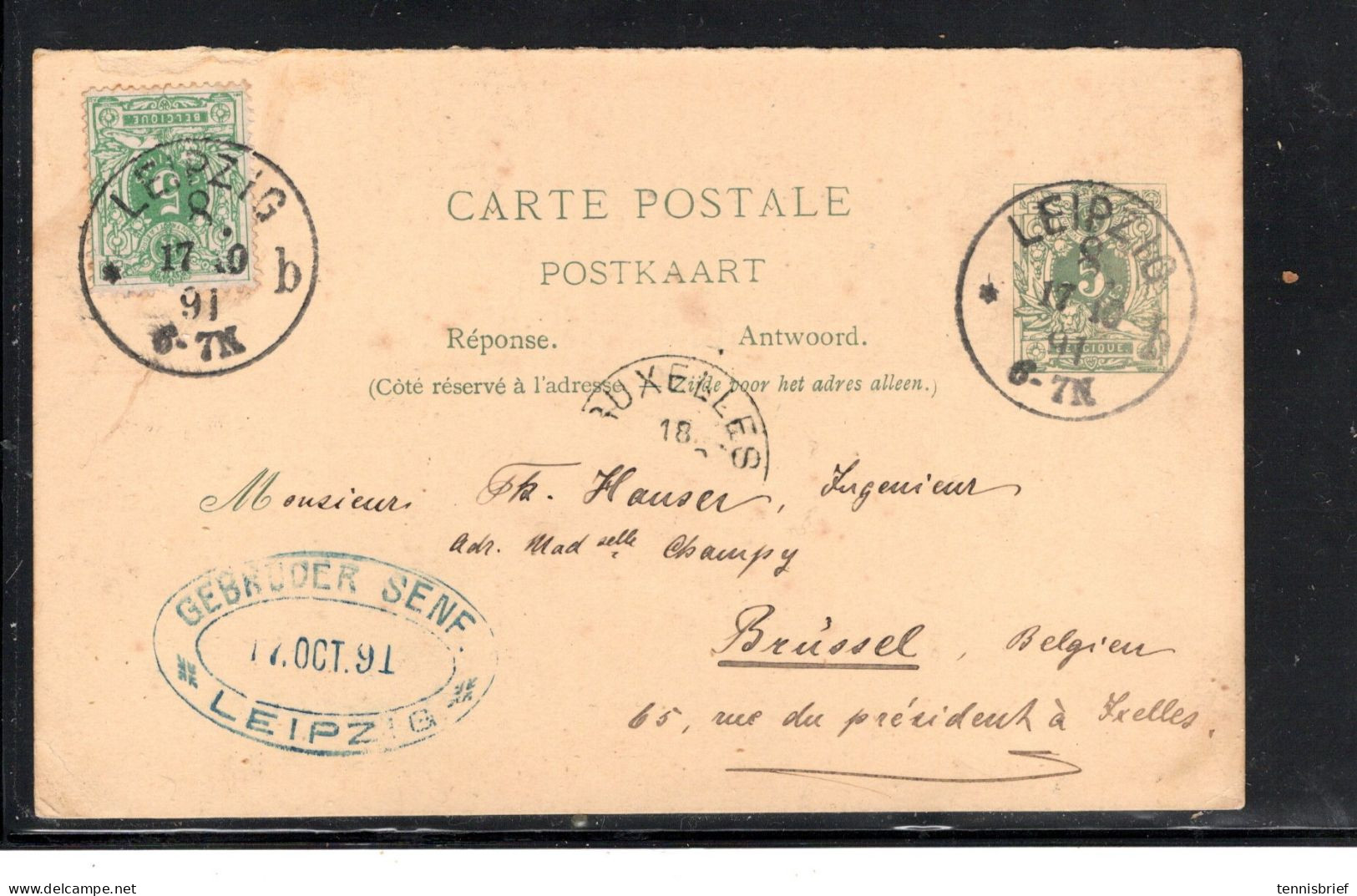 1891 ,5 C.sur Entier 5 C ,cachet Allemand " LEIPZIG " Tres Claire,carte Postal Reponse Retur A Bruxelles ,rare  #1578 - 1869-1888 Lion Couché (Liegender Löwe)