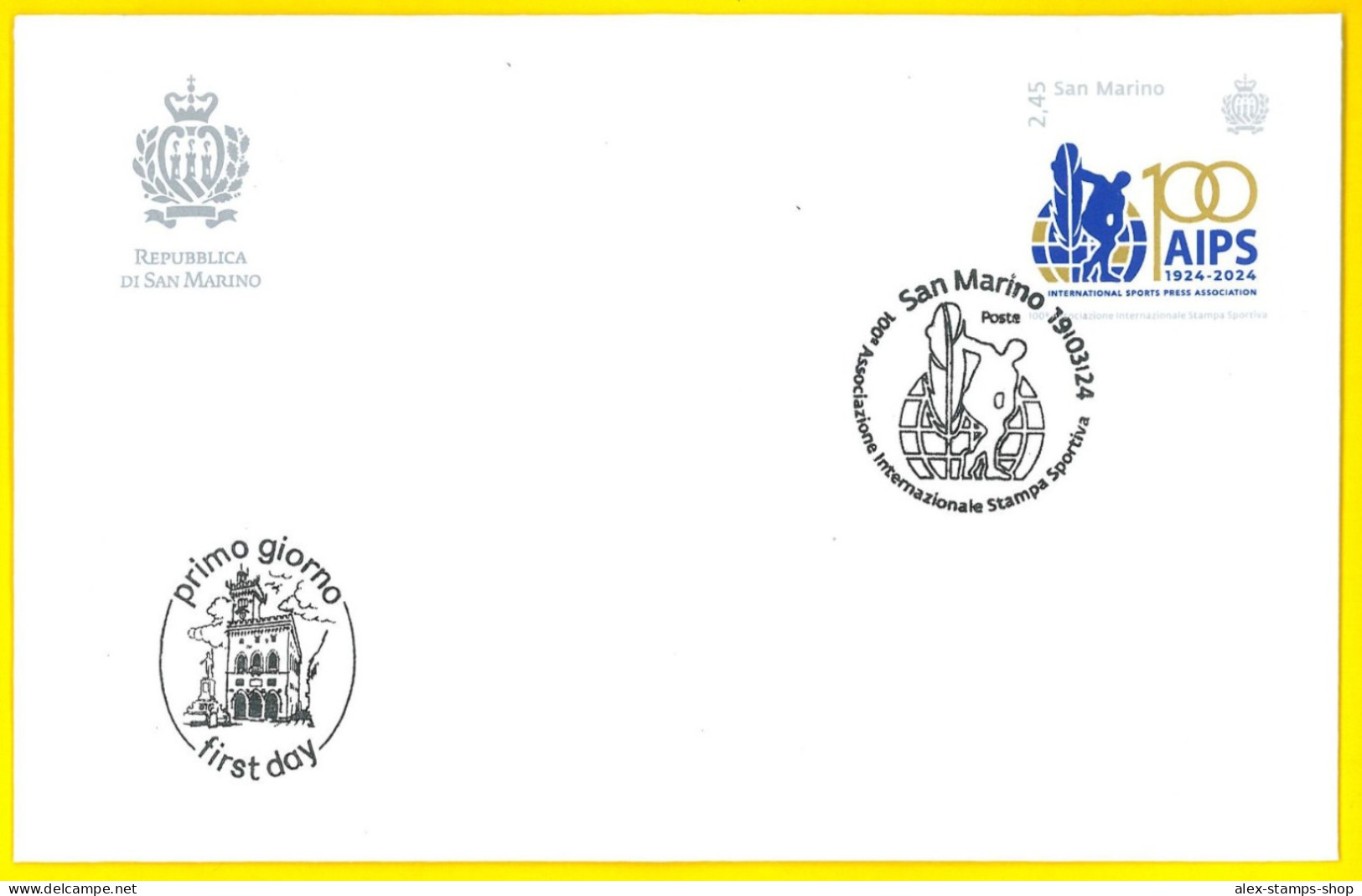 SAN MARINO 2024 FDC Centenario Dell’Associazione Internazionale Stampa Sportiva (AIPS) - FDC - First Day Cover - FDC