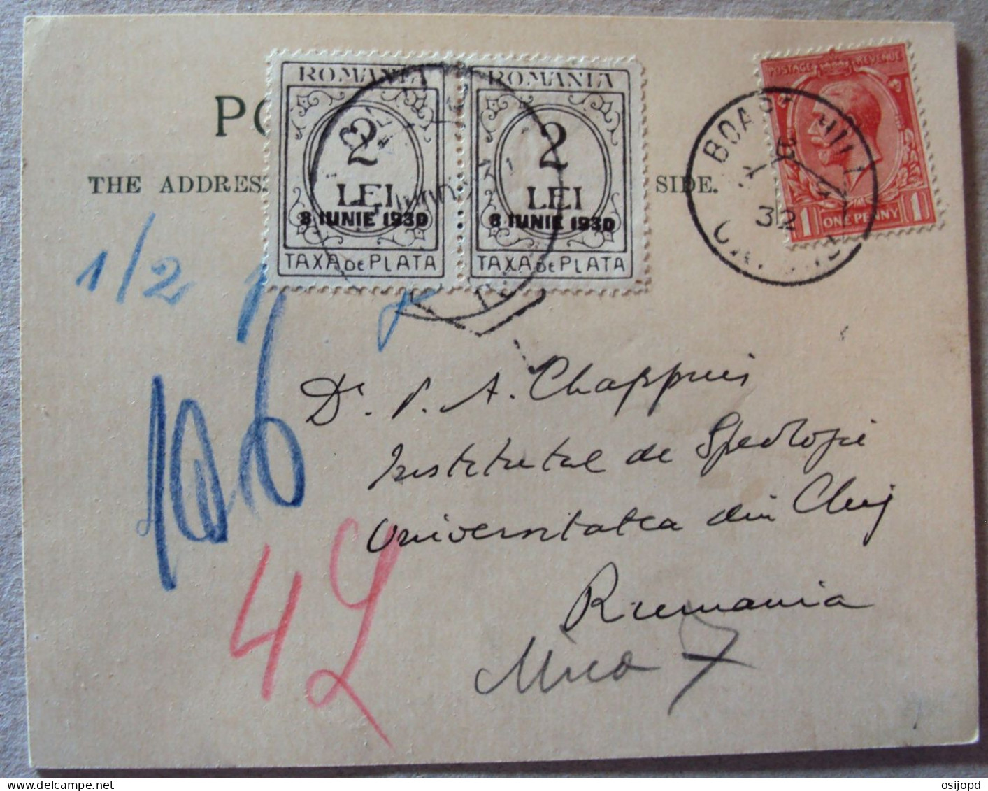 Rumänien, Postcard, Aus UK, Zusatzfrankatur Stempelmarken, Gelaufen Nach Cluj - Briefe U. Dokumente