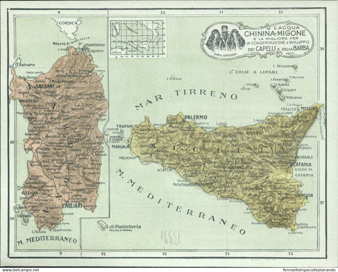 Bs91  Cartina Pubblicitaria L'acqua Chinina Migone Sicilia Sardegna - Sonstige & Ohne Zuordnung