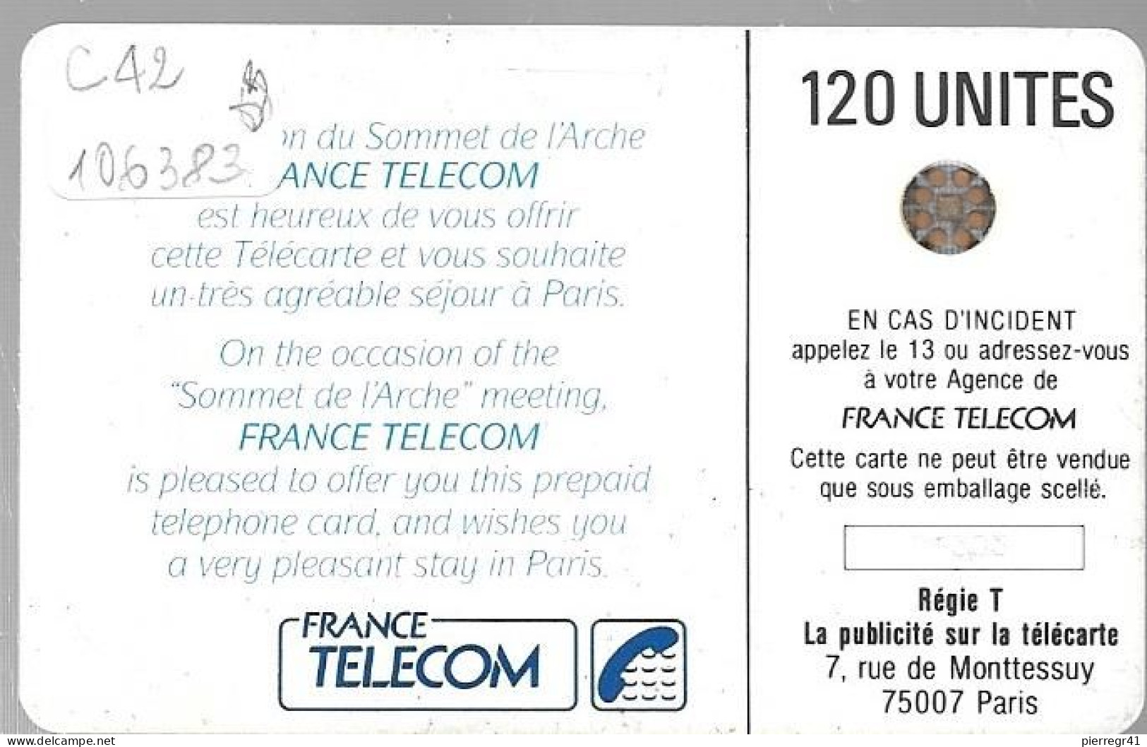 CARTE²°-PUCE-INTERNE-C42-SC4On Ob-SOMMET De L ARCHE-V°6Pe 106383-Utilisé-TBE - Internes