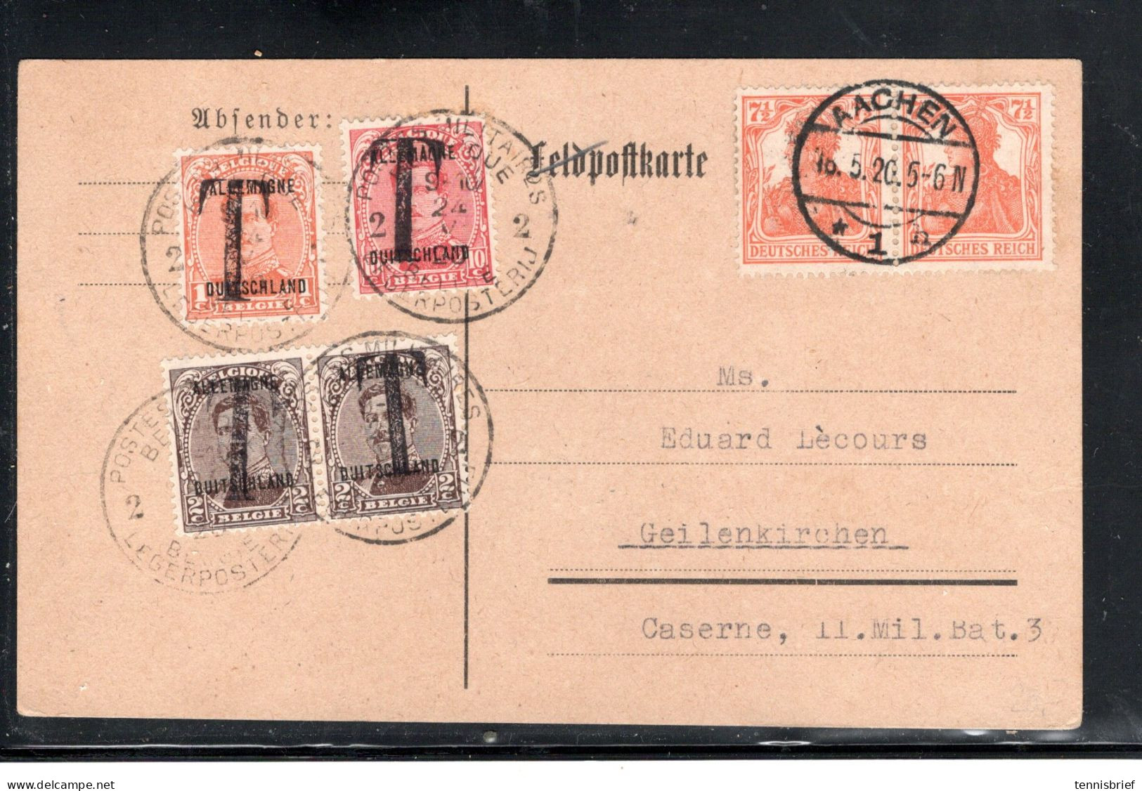 1920 , 1 , 2 Paire ,10 C. Surchargee "ALLEM-DUITSL " Avec" T " Cachet " POSTE MILITAIRE BELGIQUE -24.5.20" Taxes #1574 - OC38/54 Belgian Occupation In Germany