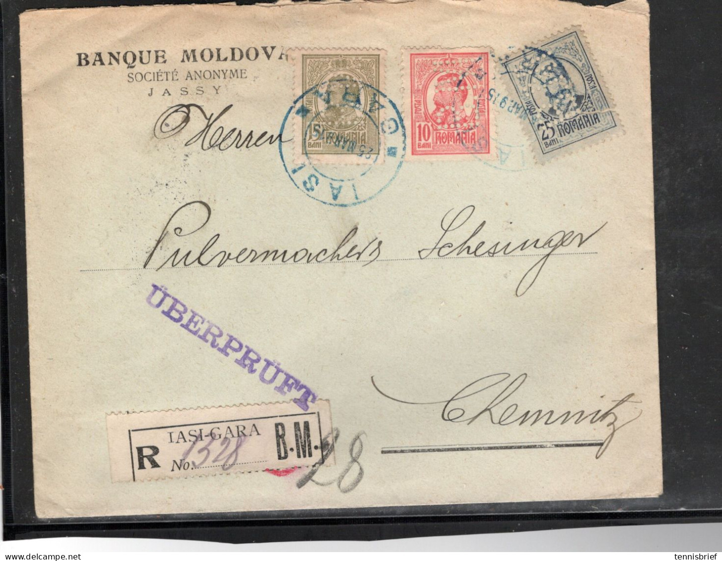 1915 , 10 , 15, 25 B. , Each Perfin  "B.M. ", Regist Cover Banque  , 3 Colors , Blue Cancel "IASI" #1570 - Lettres & Documents