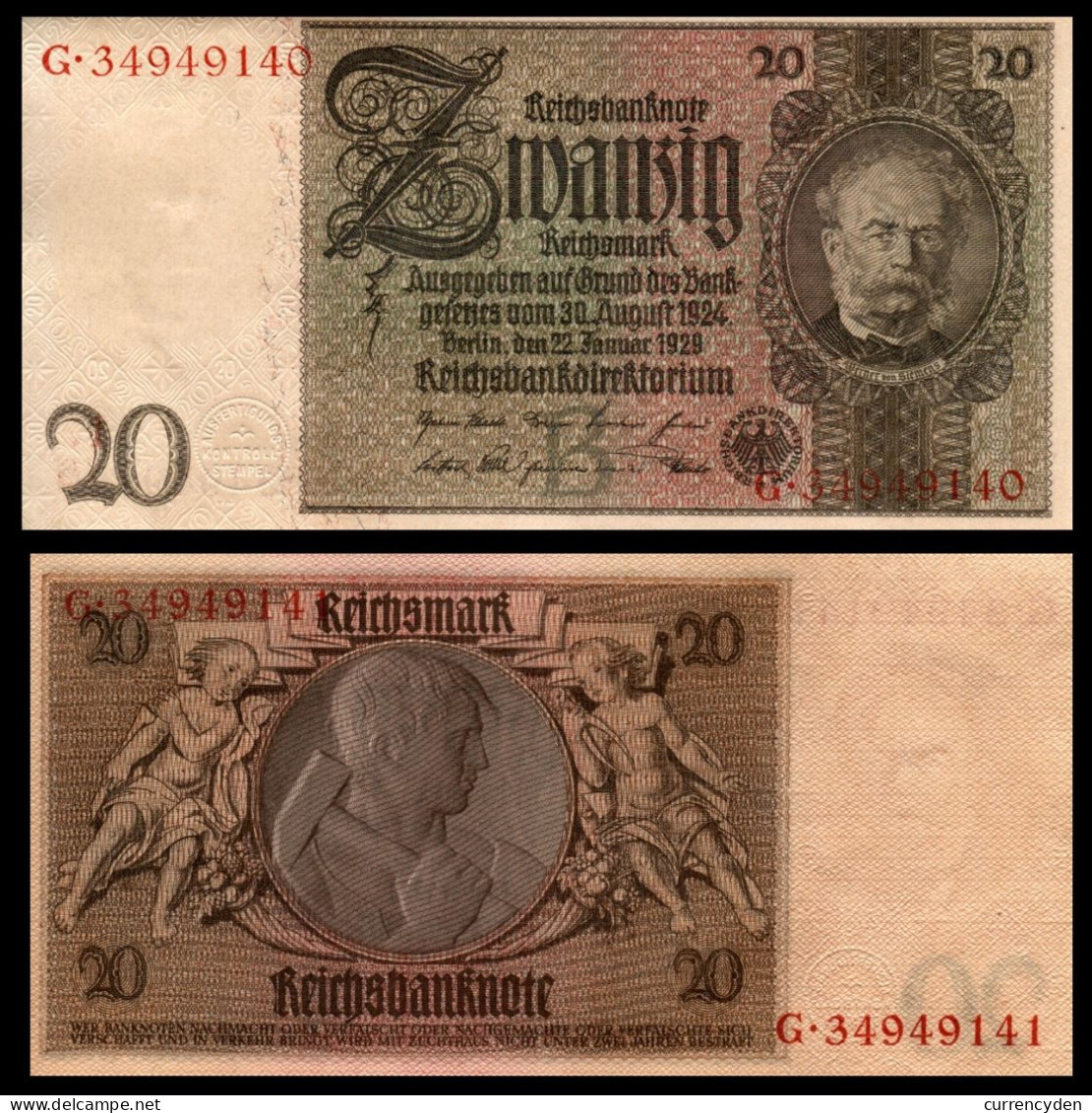 Germany P181, 20 Reichsmark 1929 XF/AU, Consecutive Numbers - 1 Miljoen Mark