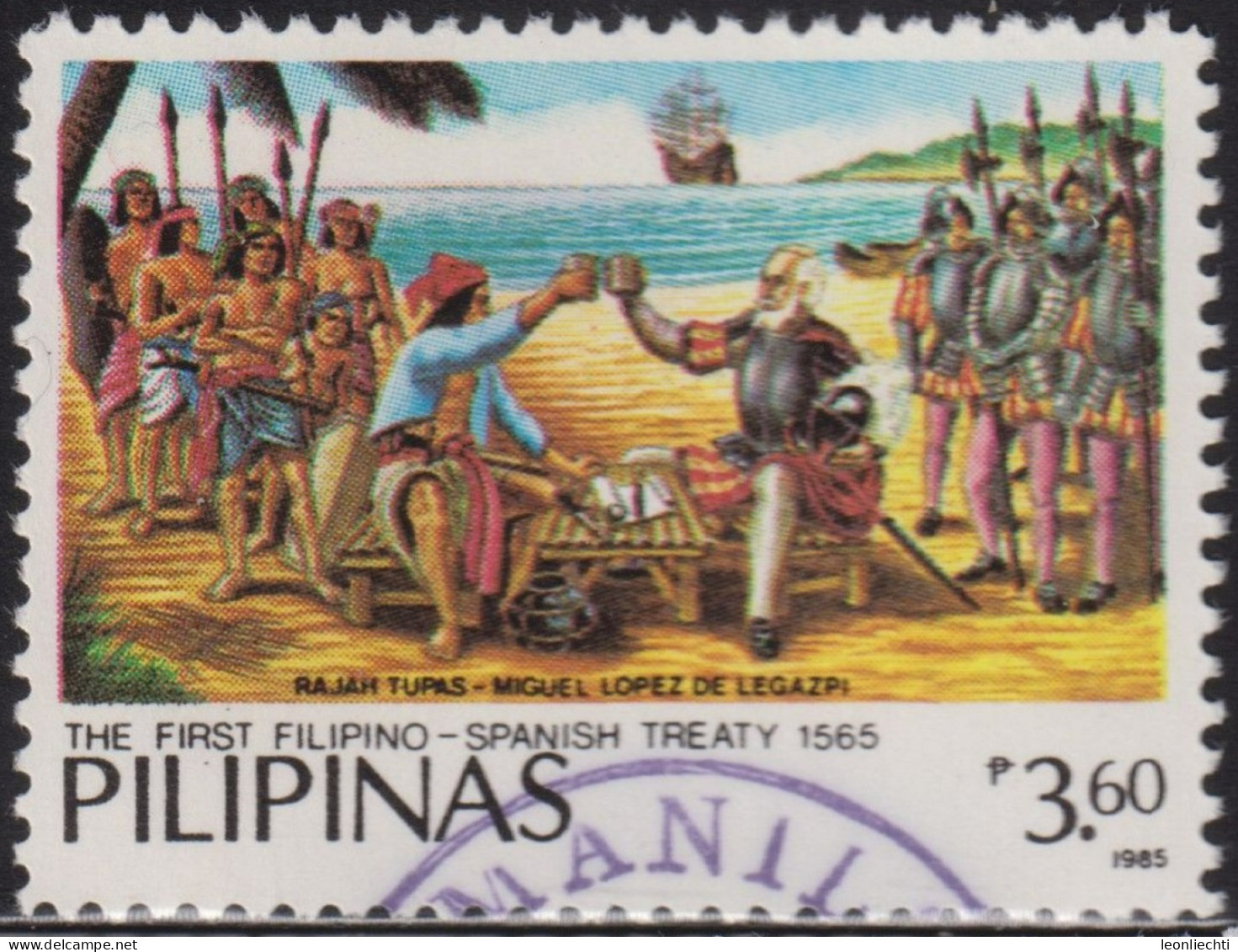 1985  Philippinen ° Mi:PH 1685, Sn:PH 1752, Yt:PH 1456, Sg:PH 1909, 1st Spain-Philippines Peace Treaty Anniv. King Tpas - Filippine