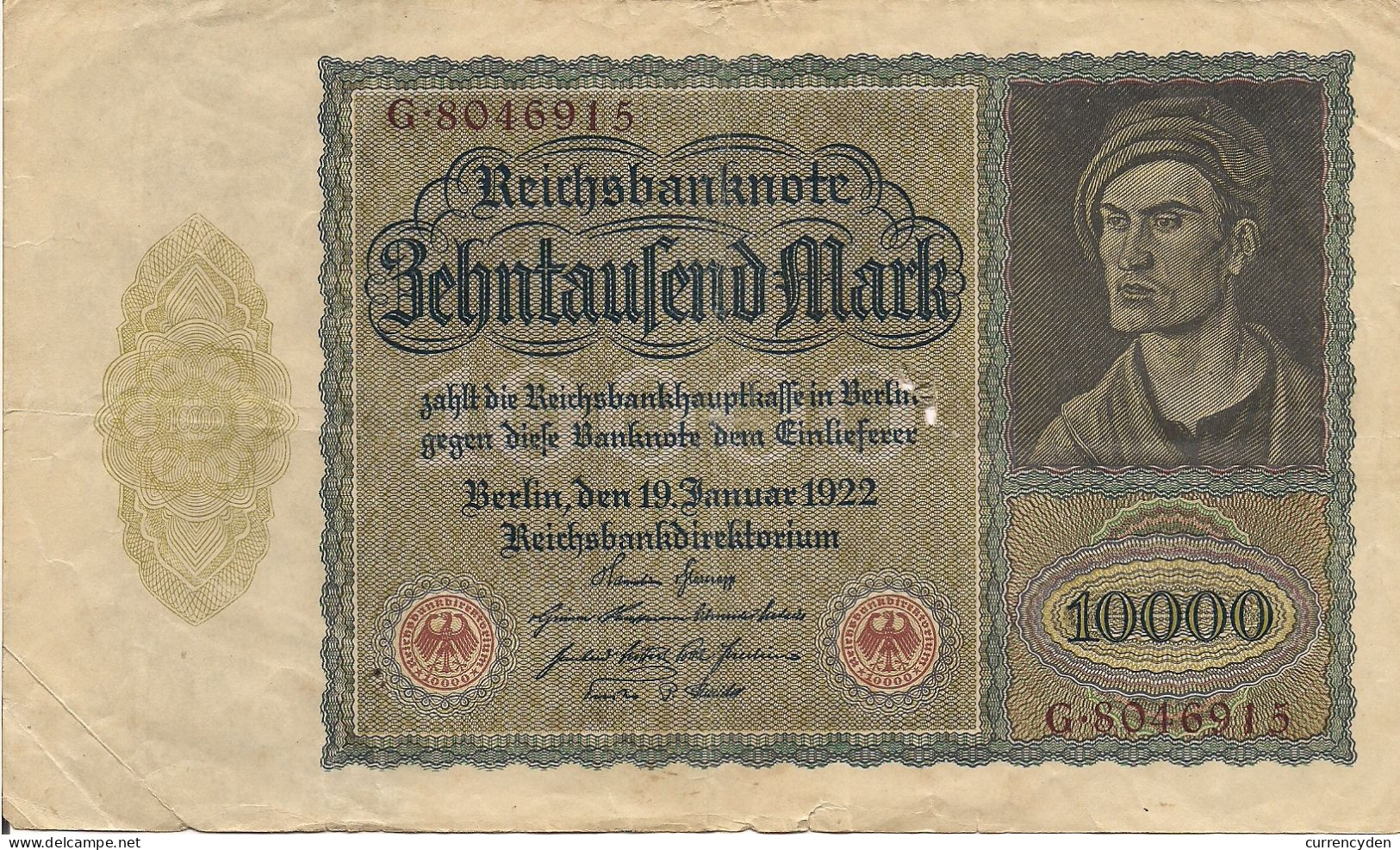 Germany P71, 10,000 Mark, "GHOUL" Note, Dürer Painting, See Story, 1922 - 1 Mio. Mark