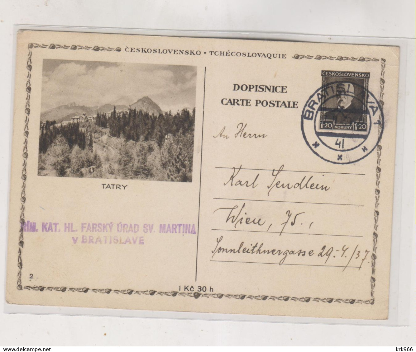 CZECHOSLOVAKIA 1939 BRATISLAVA   Postal Stationery TATRY - Briefe U. Dokumente