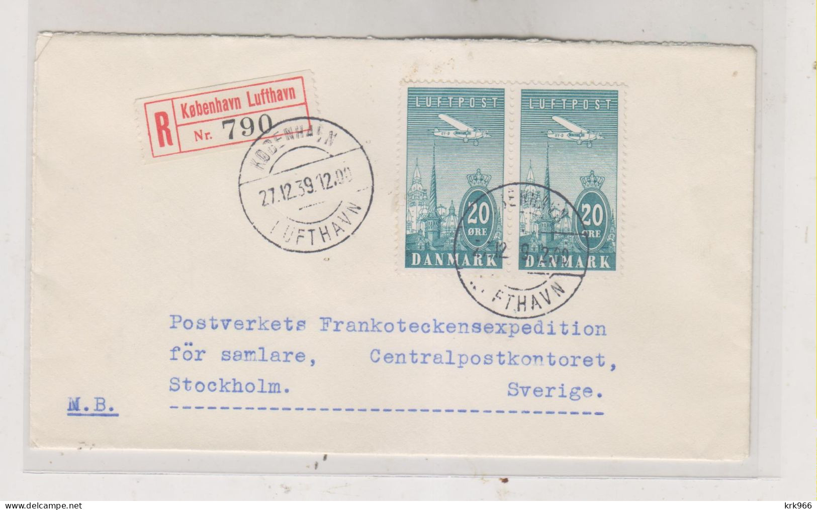 DENMARK 1939 KOBENHAVN Regisered Cover To SWEDEN - Storia Postale