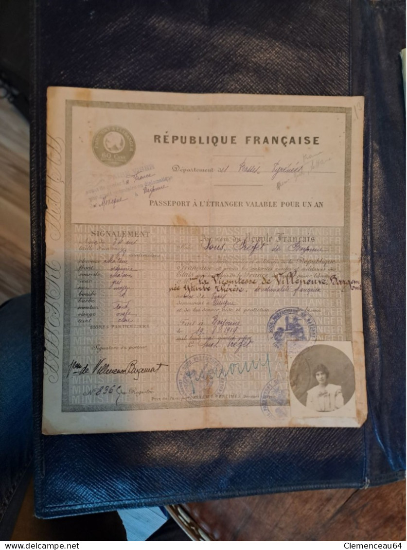 PASSEPORT à L'ETRANGER VALABLE POUR UN AN Vicomtesse De Villeneuve Pour Mexico Et USA 1919 - Ohne Zuordnung