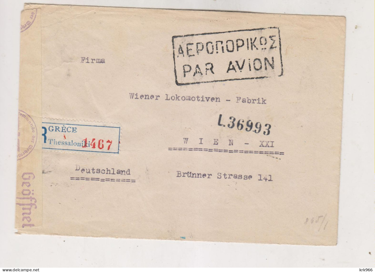 GREECE  1943 THESSALONIKI Nice  Registered Airmail Censored Cover To WIEN AUSTRIA GERMANY - Brieven En Documenten
