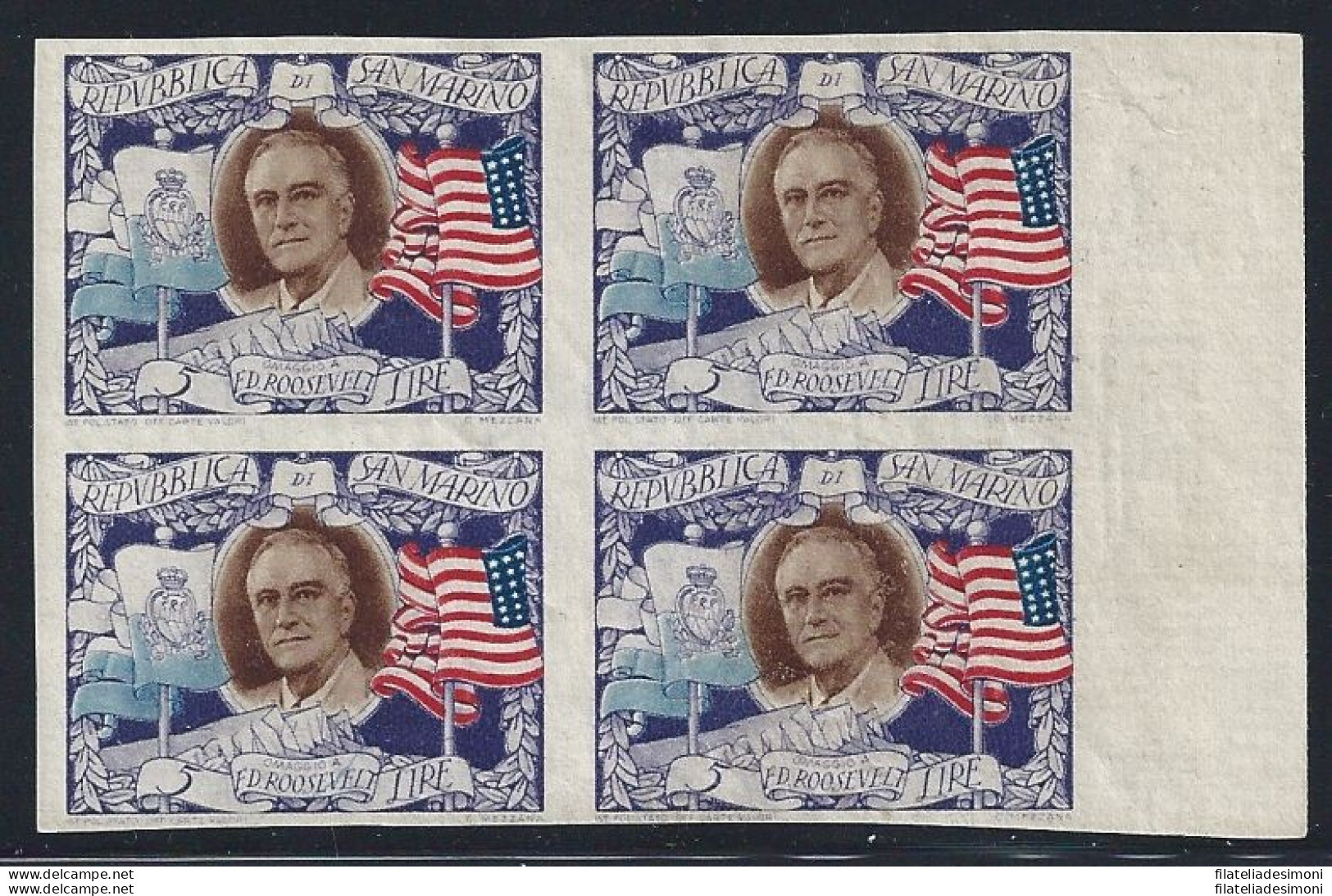 1947 SAN MARINO, N° 303b Presidente Roosevelt MNH/**  QUARTINA BORDO DI FOGLIO - Variedades Y Curiosidades