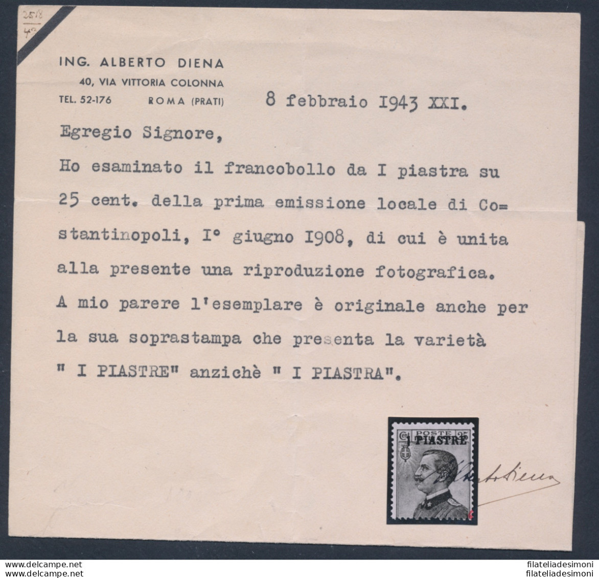 1908 Levante , Costantinopoli , 1 Piastre Su 25 Azzurro , Invece Di 1 Piastra, V - Andere & Zonder Classificatie