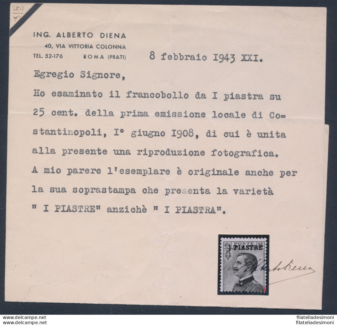 1908 Levante , Costantinopoli , 1 Piastre Su 25 Azzurro , Invece Di 1 Piastra, V - Other & Unclassified