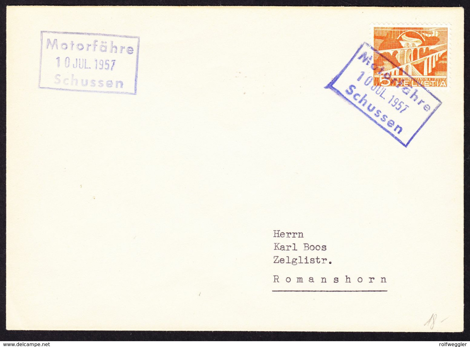 1957 Schiffsstempel "Motorfähre 10. Jul. 1957 Schussen" Auf 5 Rp Marke Nach Romanshorn. - Poststempel