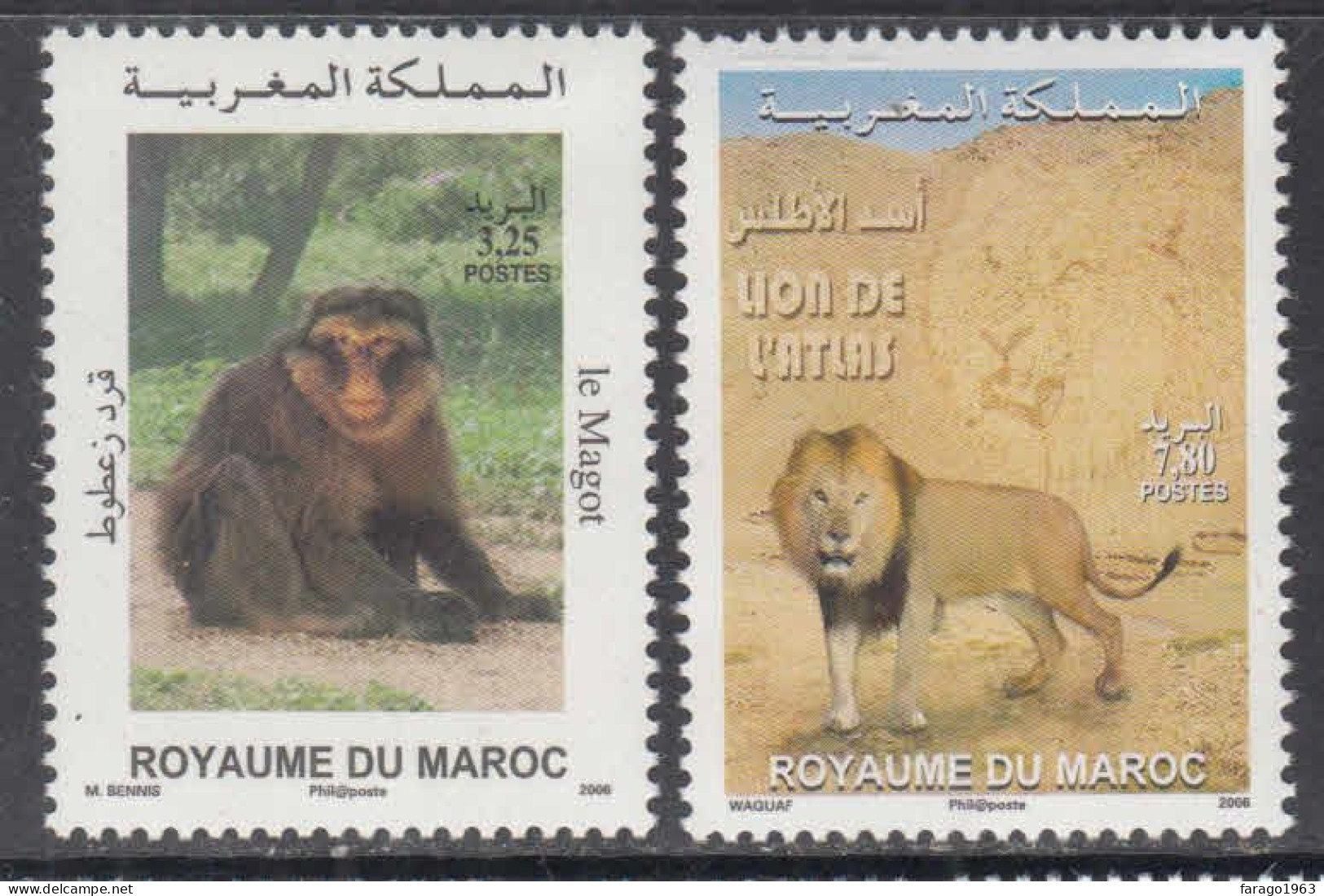 2006 Morocco Fauna Monkeys Lions Complete Set Of 2 MNH - Marruecos (1956-...)