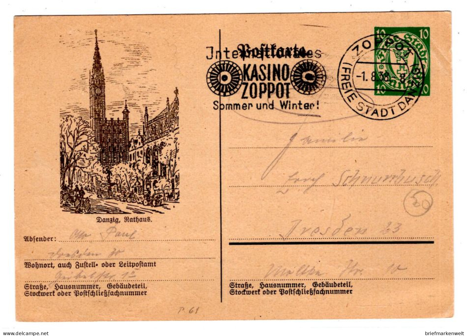 Danzig GA P61   DANZIGER Rathaus Gest. (L8606 - Entiers Postaux