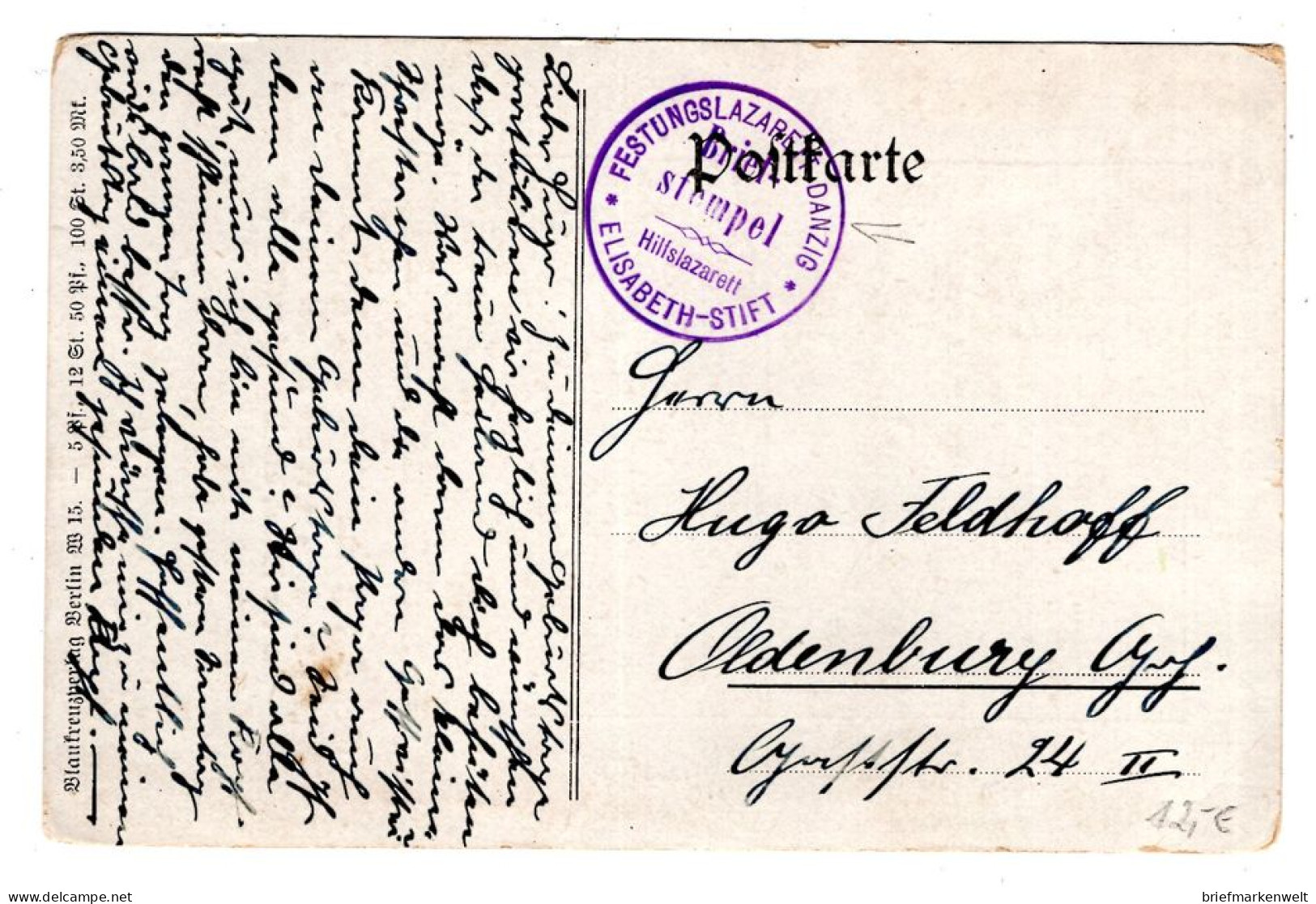 Danzig FESTUNGSLAZARETT DANZIG Bedarfskarte (L8179 - Feldpost (postage Free)