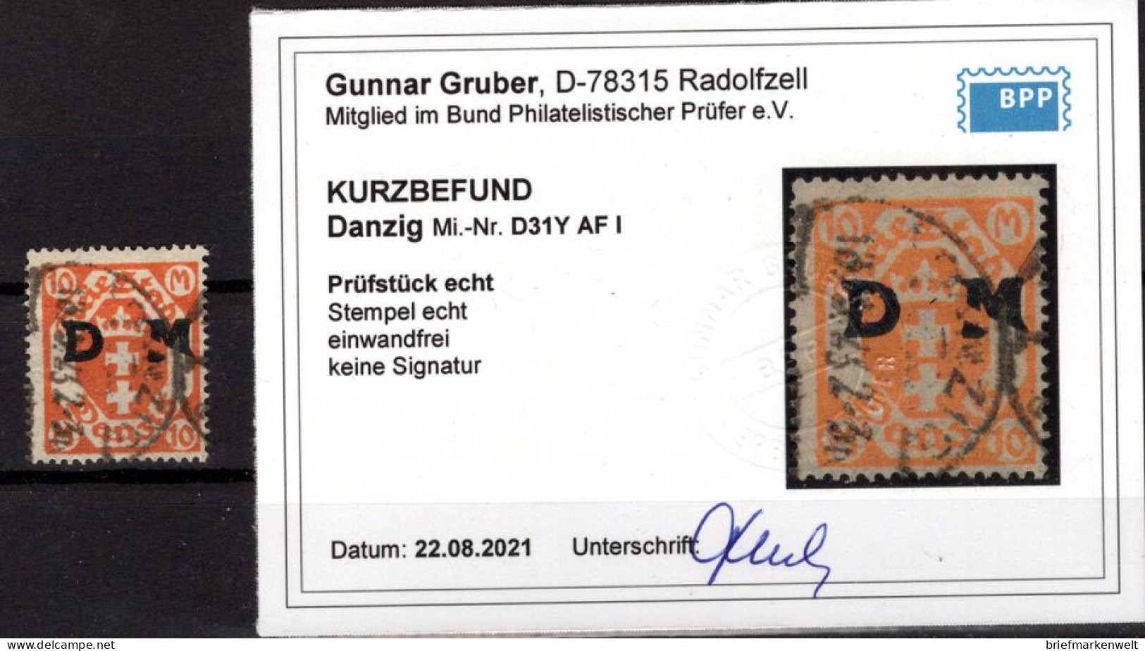 Danzig DIENST 31Y AFI Echt Gest. BPP Befund 200EUR (K0261 - Oficial