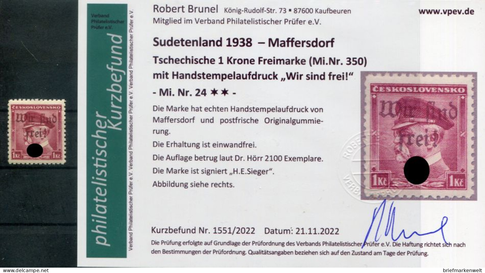 Sudetenland MAFFERSDORF 24 LUXUS ** MNH POSTFRISCH+gepr. BEFUND 90EUR (79221 - Sudetenland