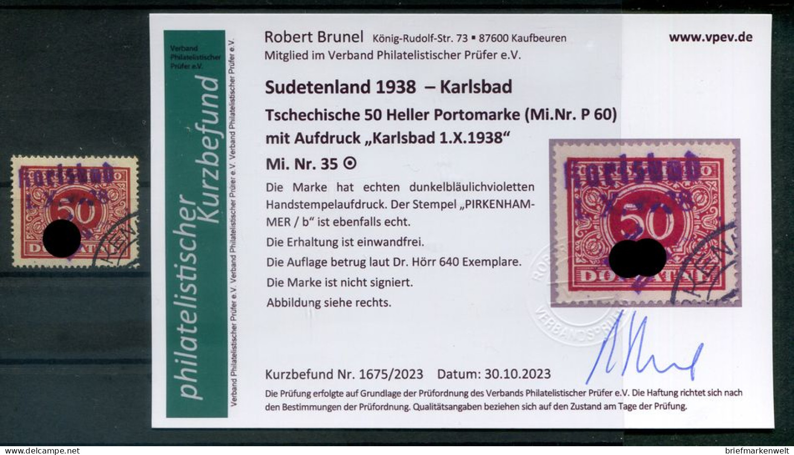 Sudetenland KARLSBAD 35 Mit EST Gest.+gepr. BEFUND 250EUR (T7996 - Sudetenland