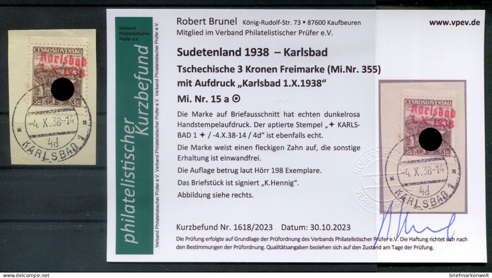 Sudetenland KARLSBAD 15a Herrlich Auf Gest. Luxusbriefstück+gepr. BEFUND 200EUR (T8038 - Sudetenland