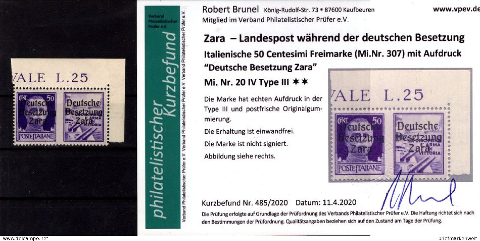 Zara 20IV/III Tadellos ** MNH POSTFRISCH Befund 400EUR (L3798 - German Occ.: Zara