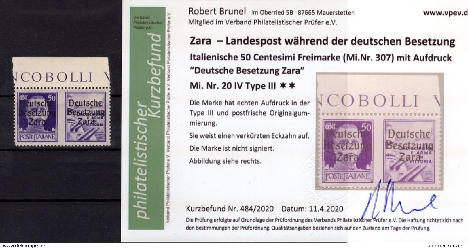 Zara 20IV-III Tadellos ** MNH POSTFRISCH+gepr. Befund 400EUR (K8923 - German Occ.: Zara