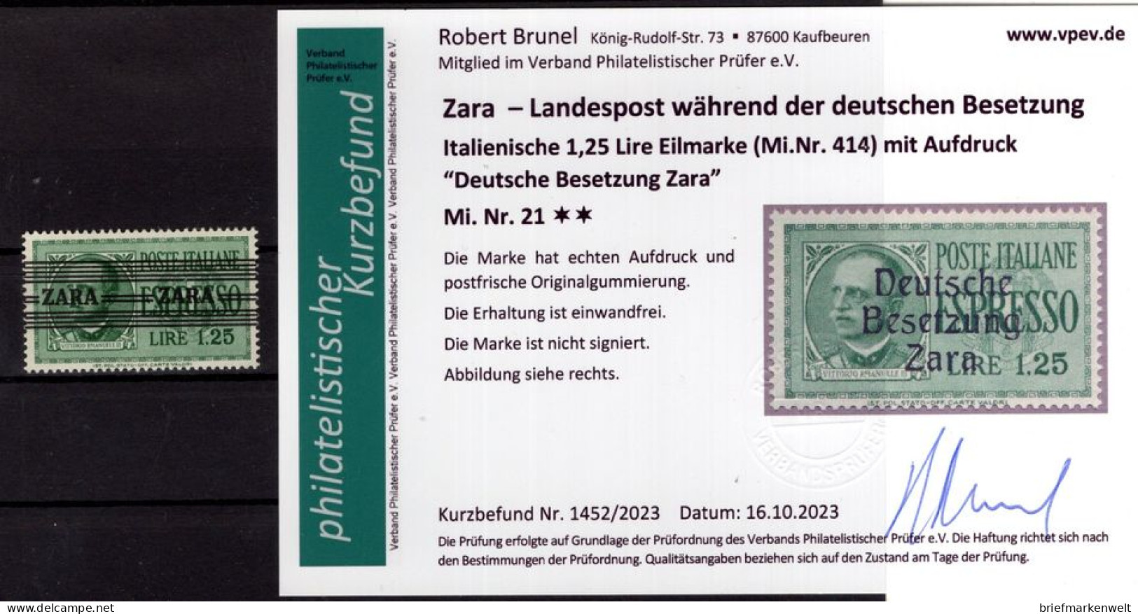 Zara 21 Tadellos ** MNH POSTFRISCH+gepr. BEFUND 40EUR (T7551 - German Occ.: Zara