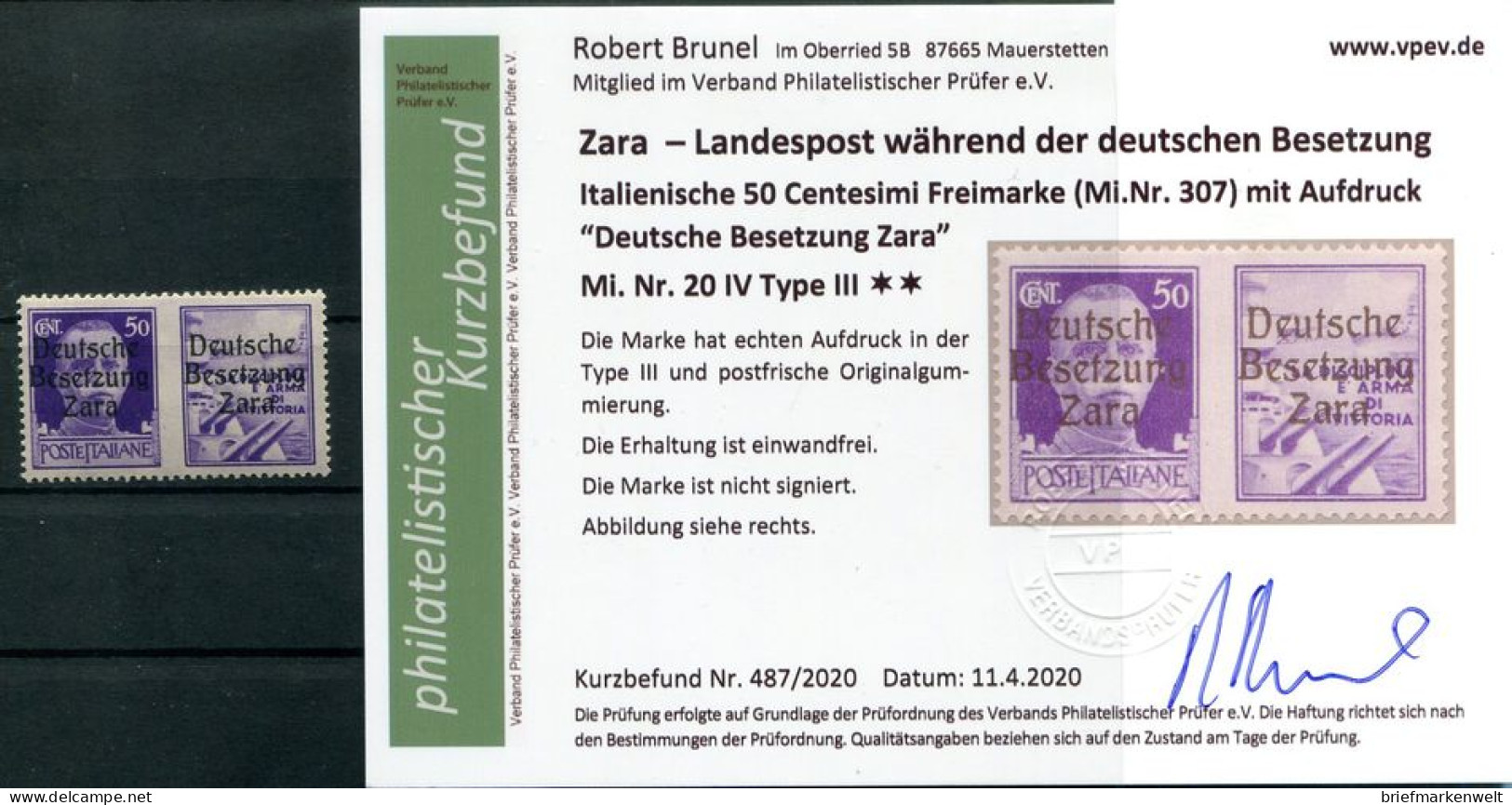 Zara 20-4/III LUXUS ** MNH POSTFRISCH+gepr. Befund 400EUR (H5679 - Deutsche Bes.: Zara