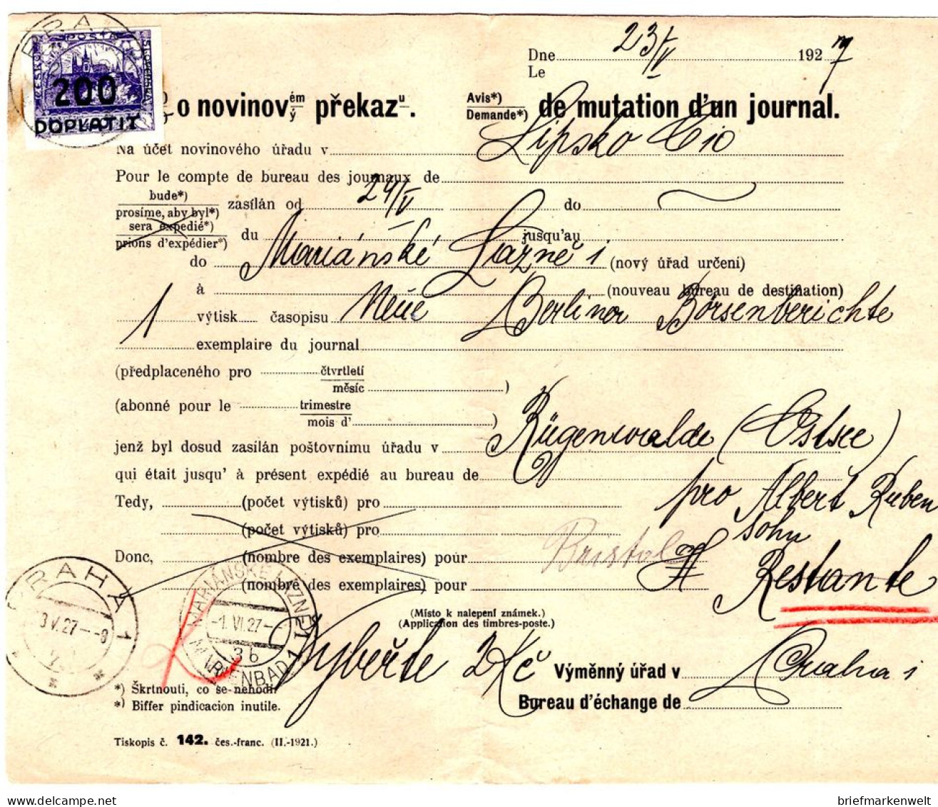 Böhmen 1927 Frankierte Quittung über Ein Börsenmagazin (T5946 - Autres & Non Classés