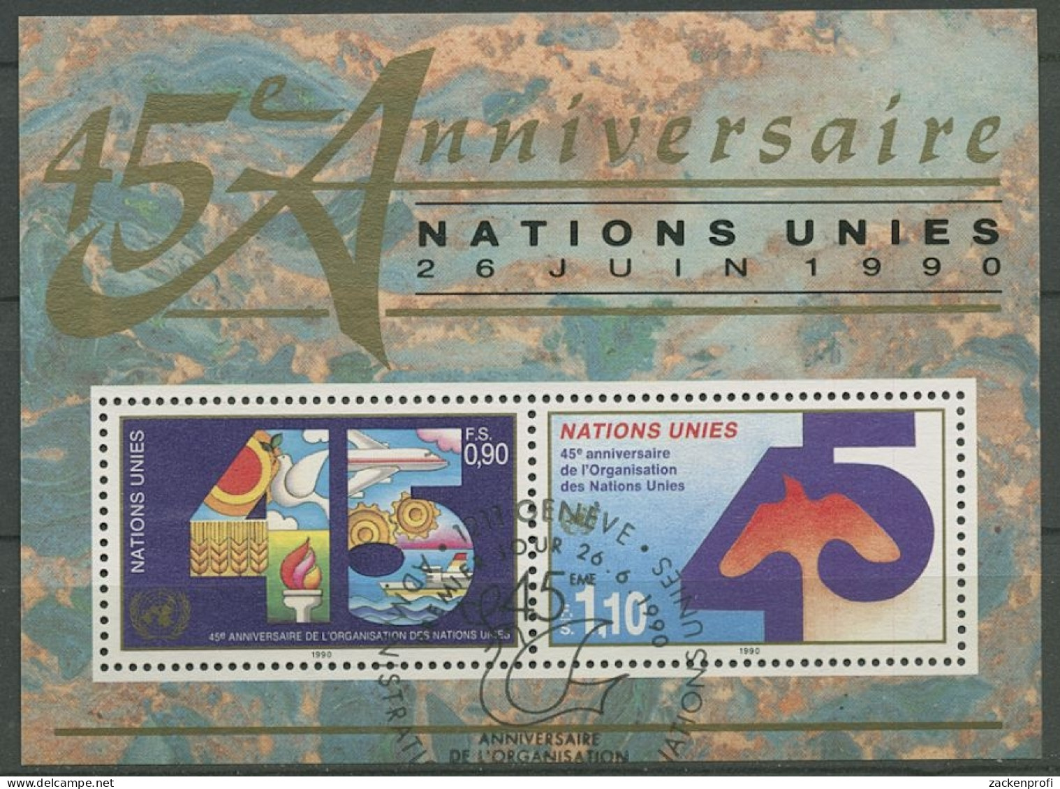 UNO Genf 1990 45 Jahre Vereinte Nationen Block 6 Gestempelt (C14016) - Blocks & Sheetlets