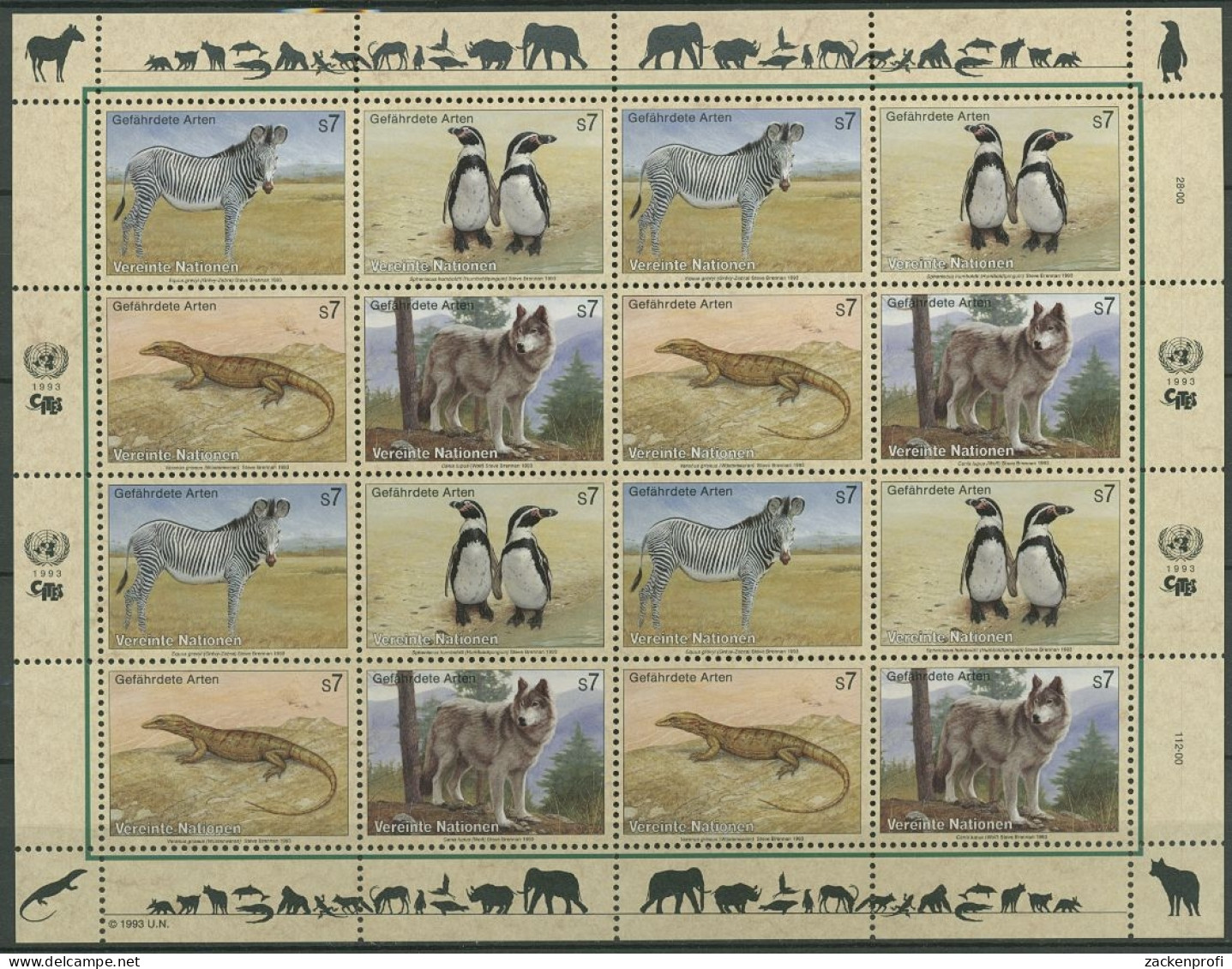 UNO Wien 1993 Gefährdete Arten: Tiere 143/46 ZD-Bogen Postfrisch (C14183) - Blocks & Kleinbögen