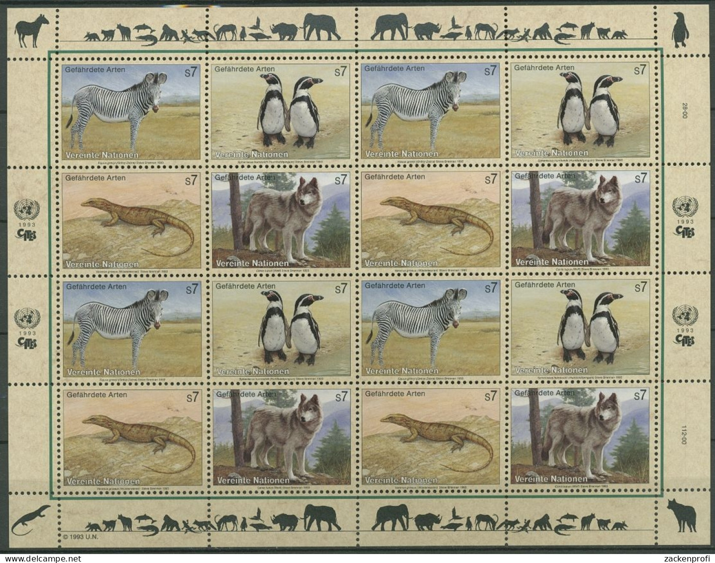 UNO Wien 1993 Gefährdete Arten: Tiere 143/46 ZD-Bogen Postfrisch (C14183) - Blocs-feuillets