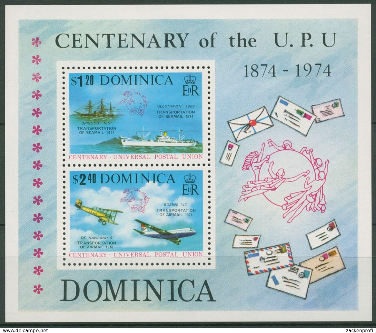 Dominica 1974 UPU Postschiff Flugzeug Block 28 Postfrisch (C93952) - Dominica (1978-...)