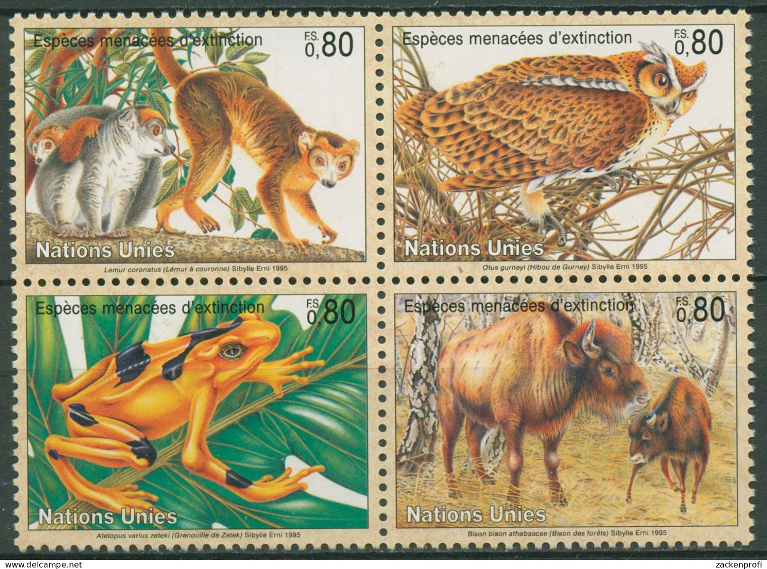 UNO Genf 1995 Gefährdete Tiere Lemur Eule Frosch Bison 263/66 ZD Postfrisch - Unused Stamps