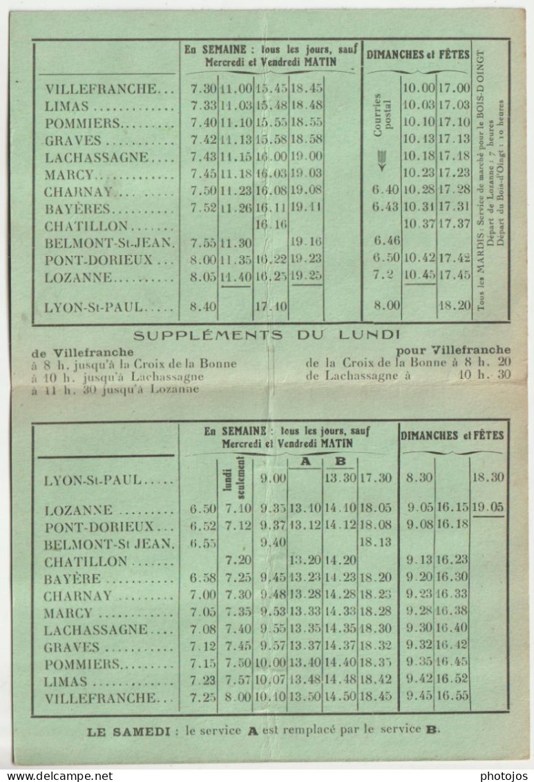 Petit Dépliant Horaires Autocars    Les Cars Du Val D'Azergues  Joncieres à Lozanne (42) 1937-38  Pubblicités - Europa