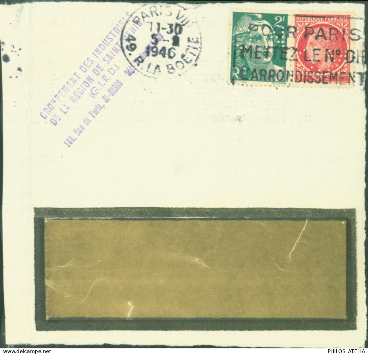 YT N°676 + 713 Perforés Perforation MC Inversé Société Mat Color Puis Kelvinator Fragment De Devant De Lettre Paris 1946 - Briefe U. Dokumente