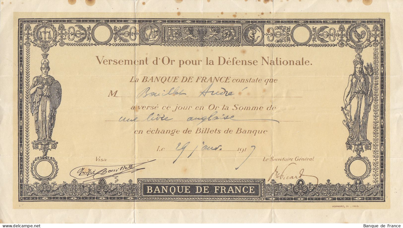 Versement D'or Pour La Défense Nationale 1 Livre Anglaise Du 29 Janvier 1917 - Bonos