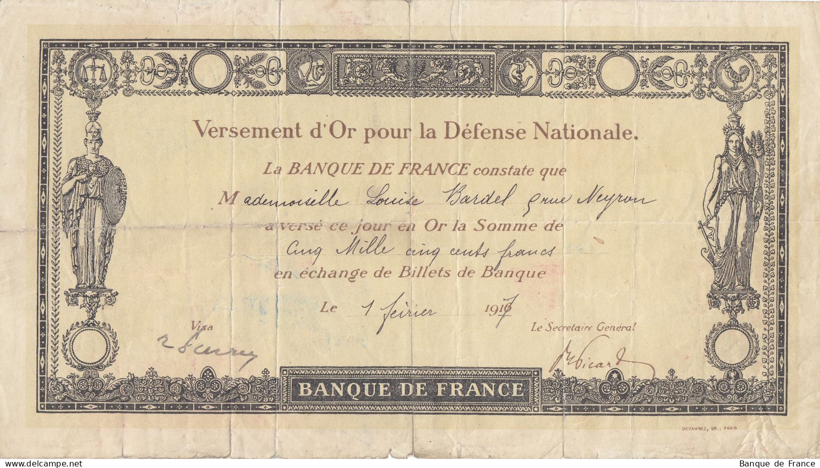 Versement D'or Pour La Défense Nationale 5500 F Du 1 Février 1917 - Bonds & Basic Needs