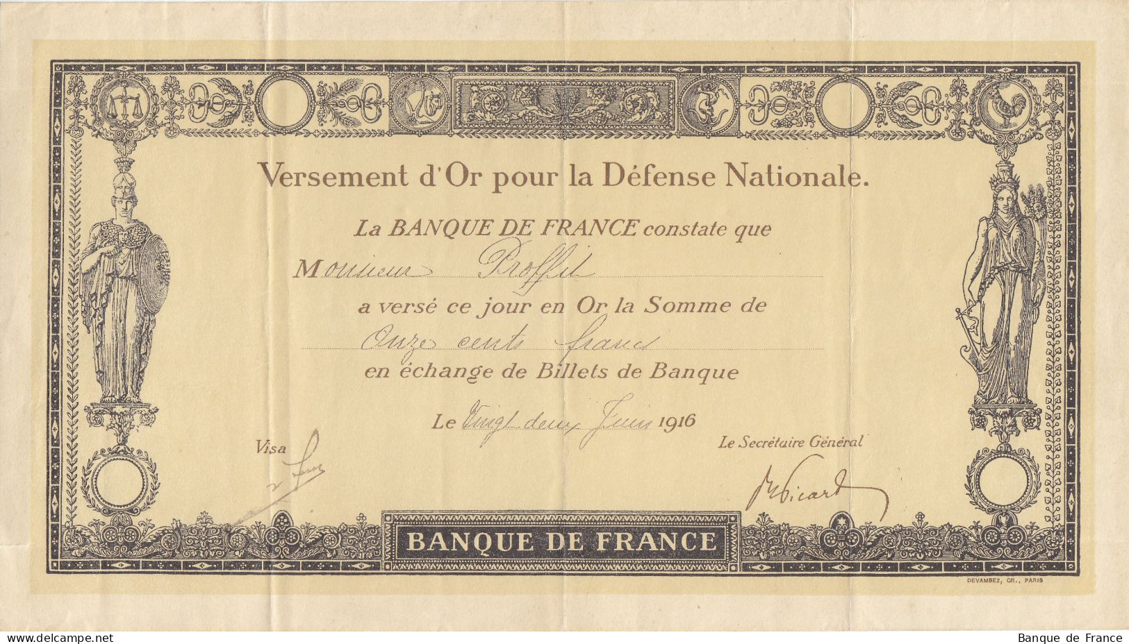 Versement D'or Pour La Défense Nationale 1100 F Du 22 Juin 1916 - Notgeld