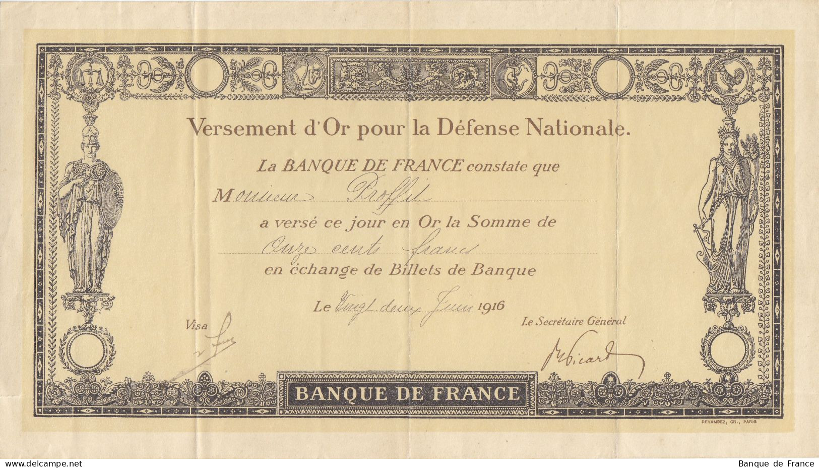 Versement D'or Pour La Défense Nationale 1100 F Du 22 Juin 1916 - Bonos