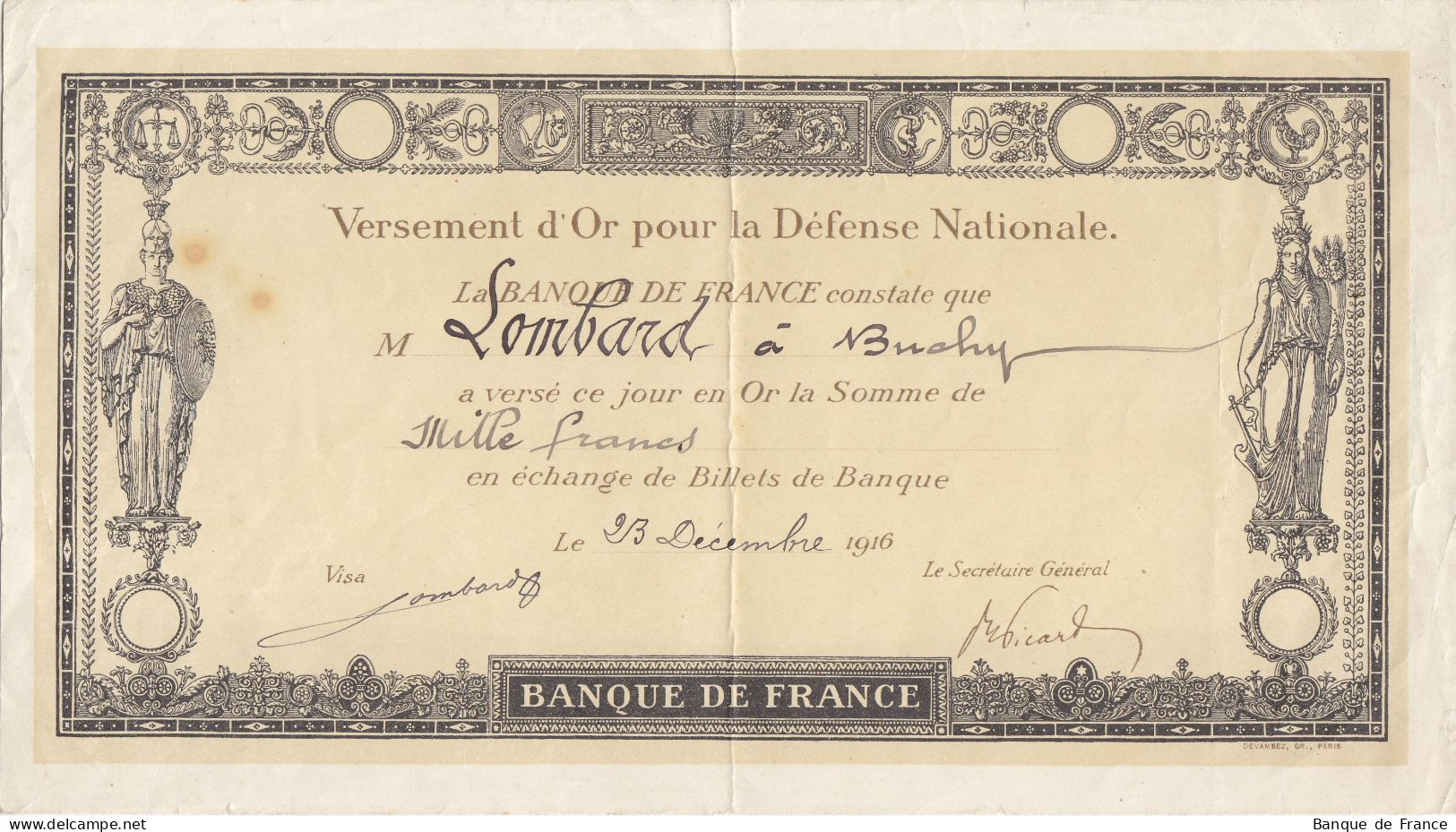 Versement D'or Pour La Défense Nationale 1000 F Du 23 Décembre 1916 - Notgeld