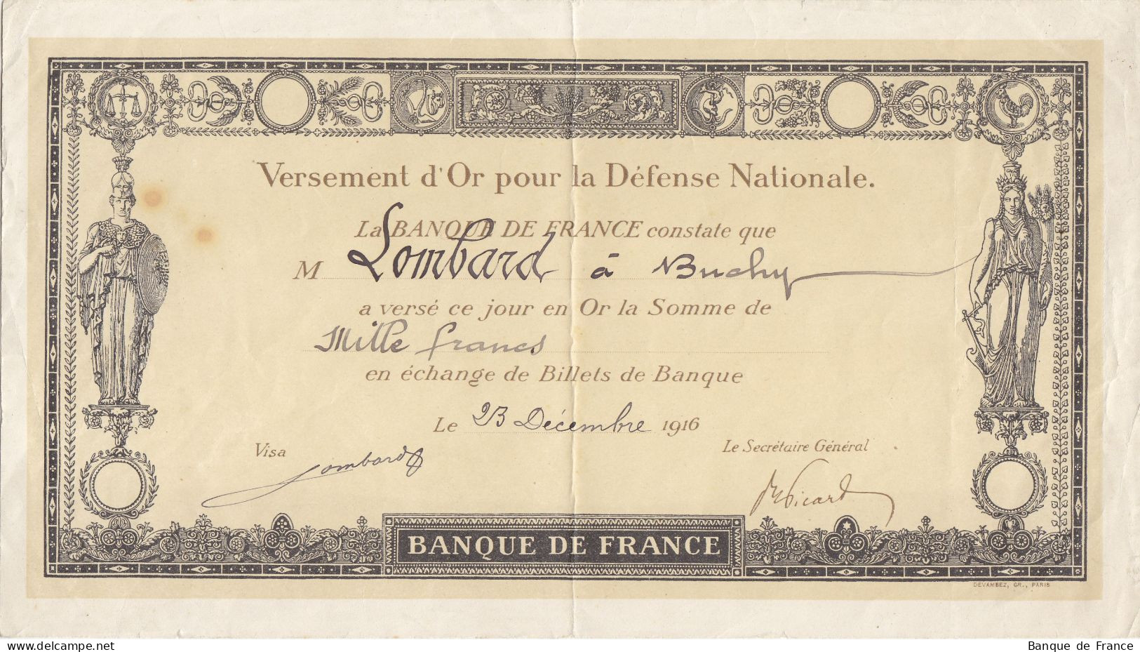 Versement D'or Pour La Défense Nationale 1000 F Du 23 Décembre 1916 - Bonos