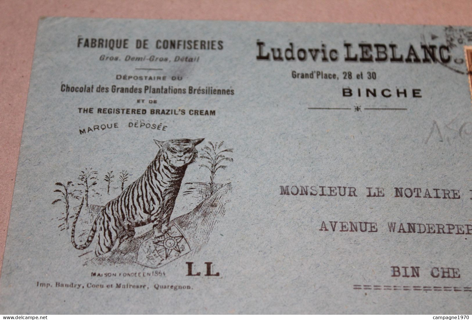 RARE ANCIENNE ENVELOPPE COMMERCIALE - BINCHE - FABRIQUE DE CONFISERIES LUDOVIC LEBLANC ( VERS 1930 - BELLE LITHO ) - 1900 – 1949