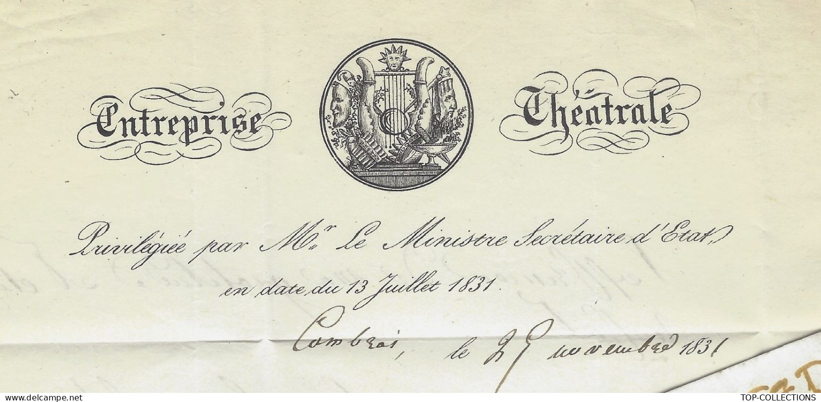 Monarchie De Juillet THEATRE TROUPES THEATRALES CULTURE 1831 ENTREPRISE THEATRALE  Cambrai Sign. Correge  V HISTORIQUE - Documents Historiques