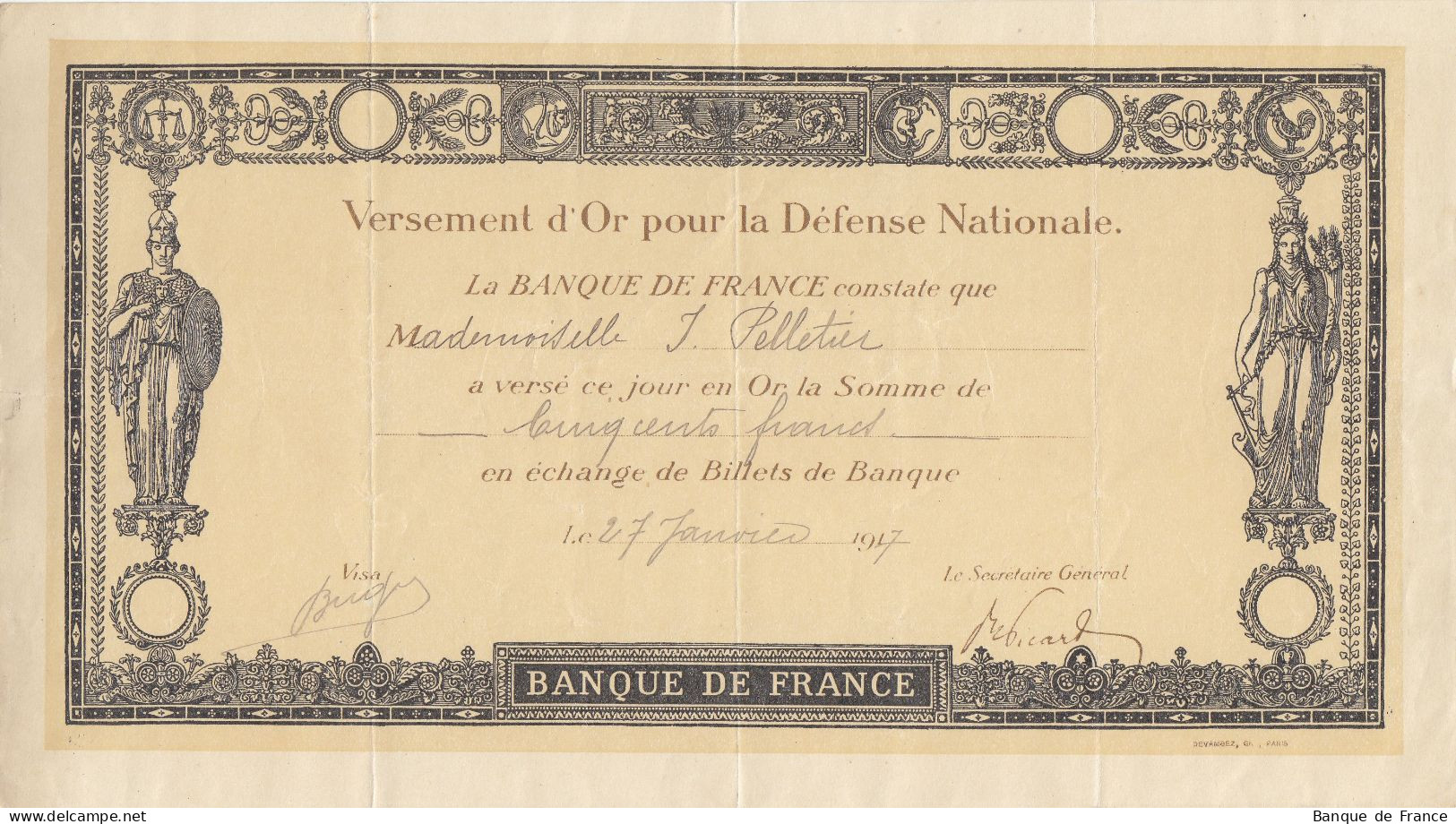Versement D'or Pour La Défense Nationale 500 F Du 27 Janvier 1917 - Notgeld