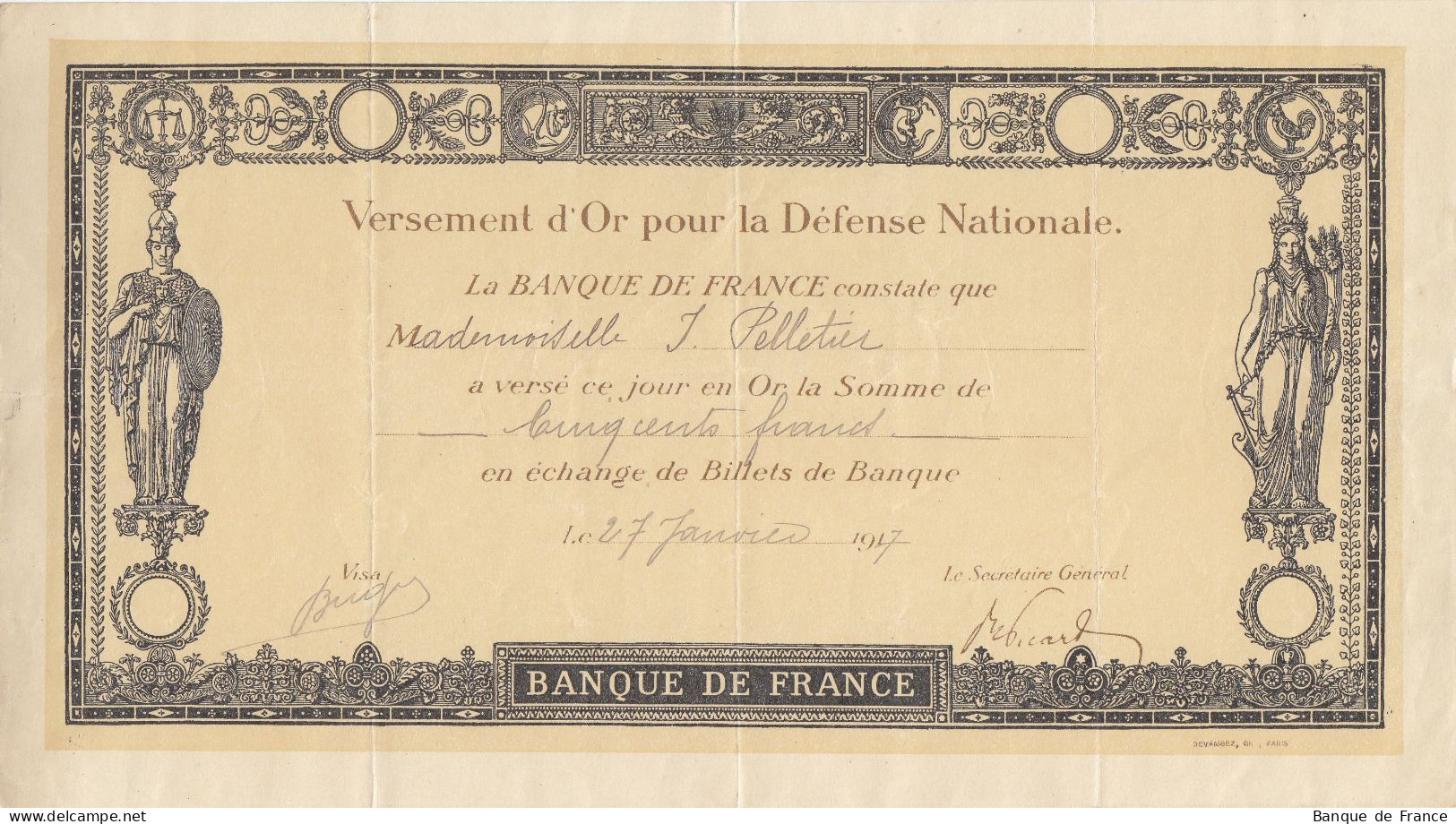 Versement D'or Pour La Défense Nationale 500 F Du 27 Janvier 1917 - Bonos